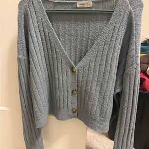 Cozy Ribbed V-Neck Button Cardigan in Dusty Blue